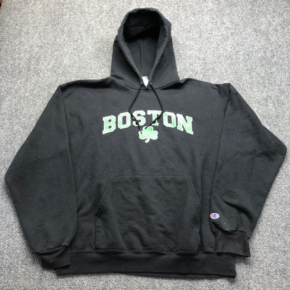Champion Boston Shamrock Hoodie Mens Large Black Graphic Sweatshirt